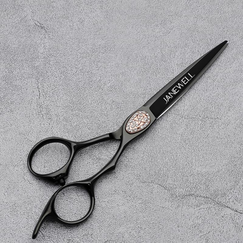 Professional 440C black barber shears with skull design pattern, 6.0 inch hair shears for barbers and salon hairdressing.