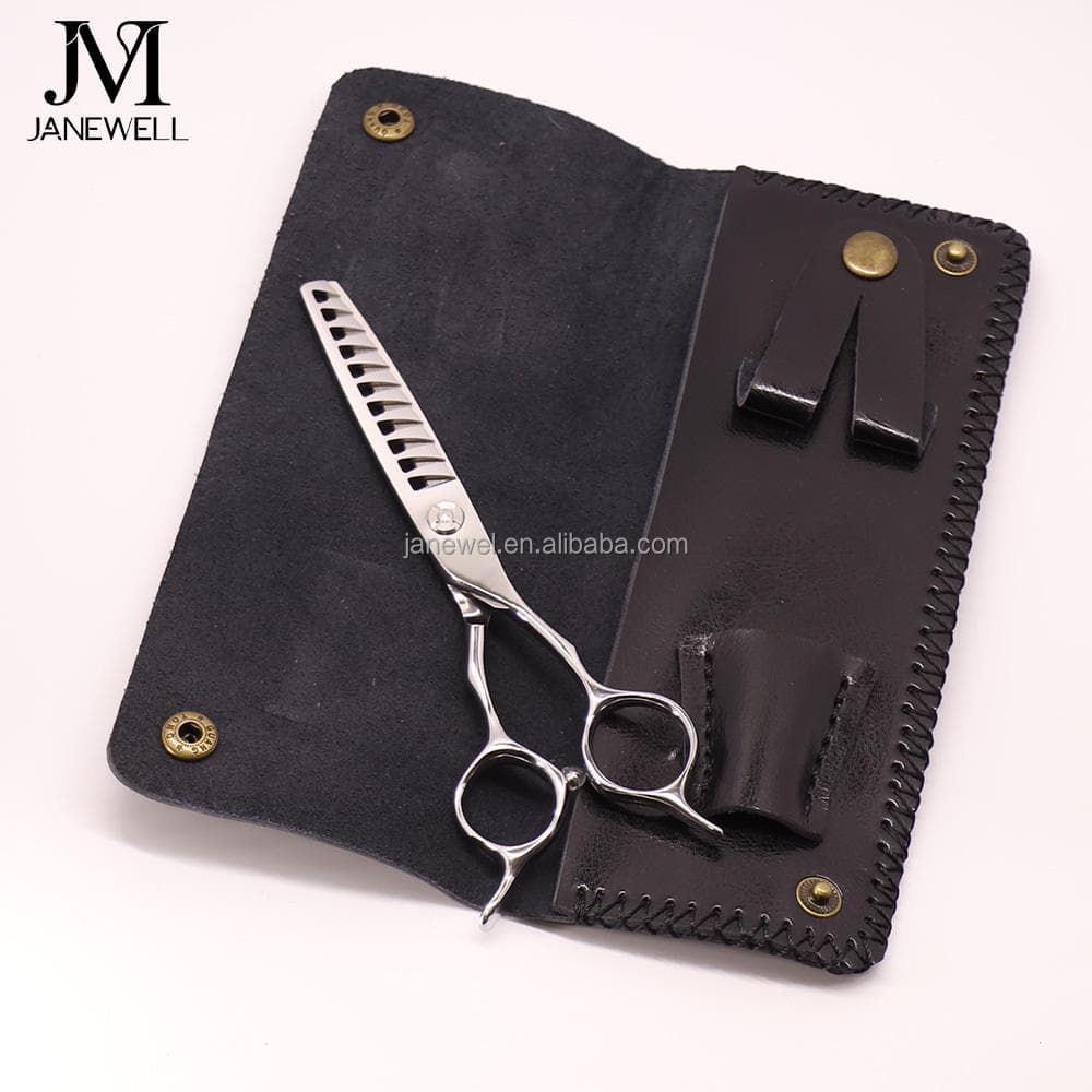 Cow leather case holding 1 pair of hair scissors. Professional quality shears organizer for barbers, hairdressers and salon stylists.
