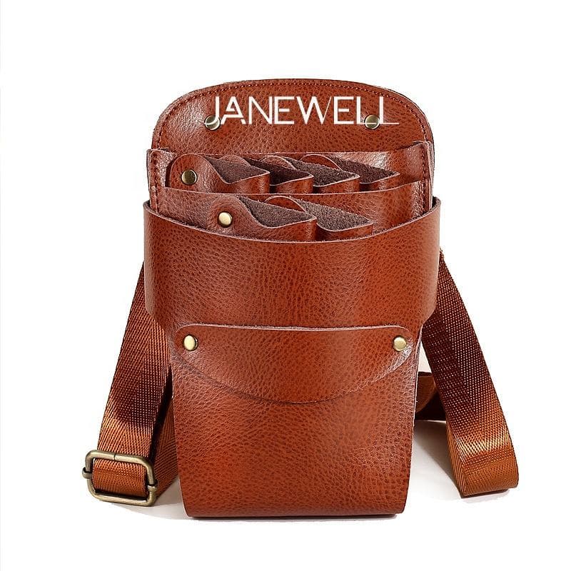 Genuine leather holster holding 6 pieces of hair scissors, with waist belt. Professional quality shears organizer for barbers, hairdressers and salon stylists.