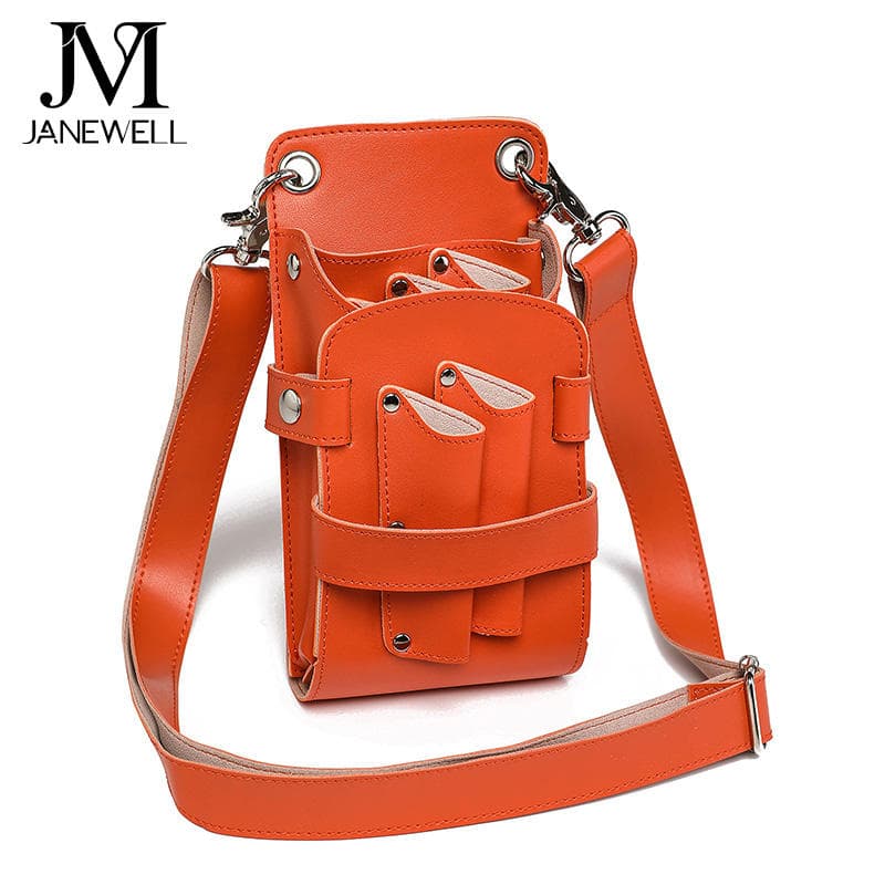 Leather pouch holding 5 pieces of hair cutting scissors, with waist belt. Professional quality shears organizer for barbers, hairdressers and salon stylists. - view 1