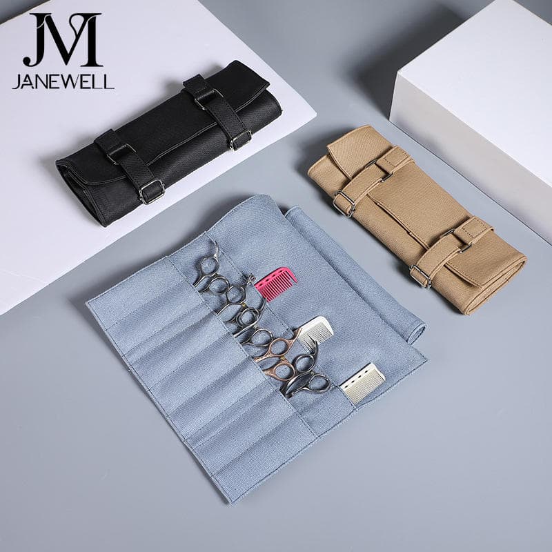 PU leather roll case holding 7 pieces of hair scissors, roll-up design. Professional quality shears organizer for barbers, hairdressers and salon stylists.