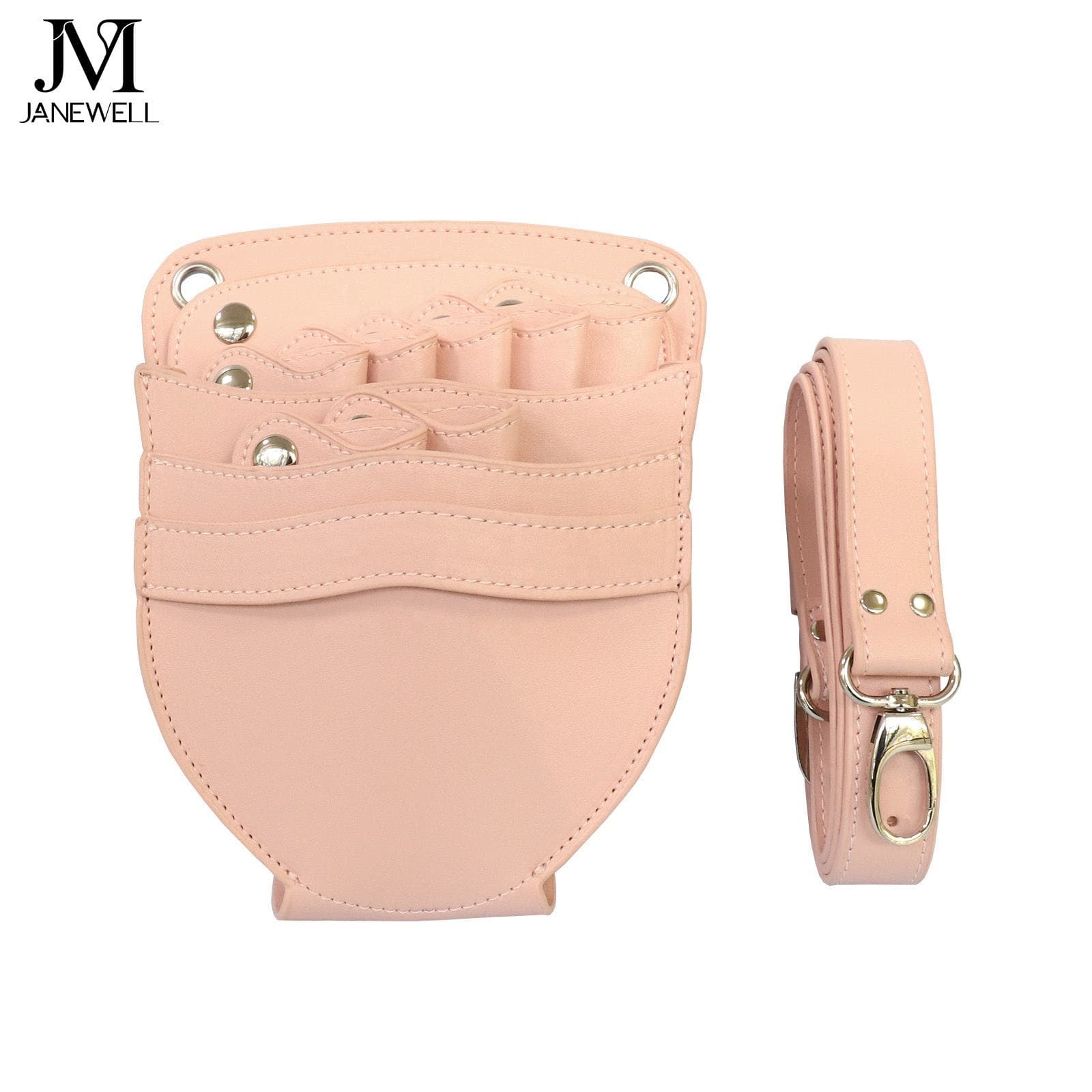 PU leather pouch holding 7 pieces of hair scissors, with waist belt. Professional quality shears organizer for barbers, hairdressers and salon stylists.