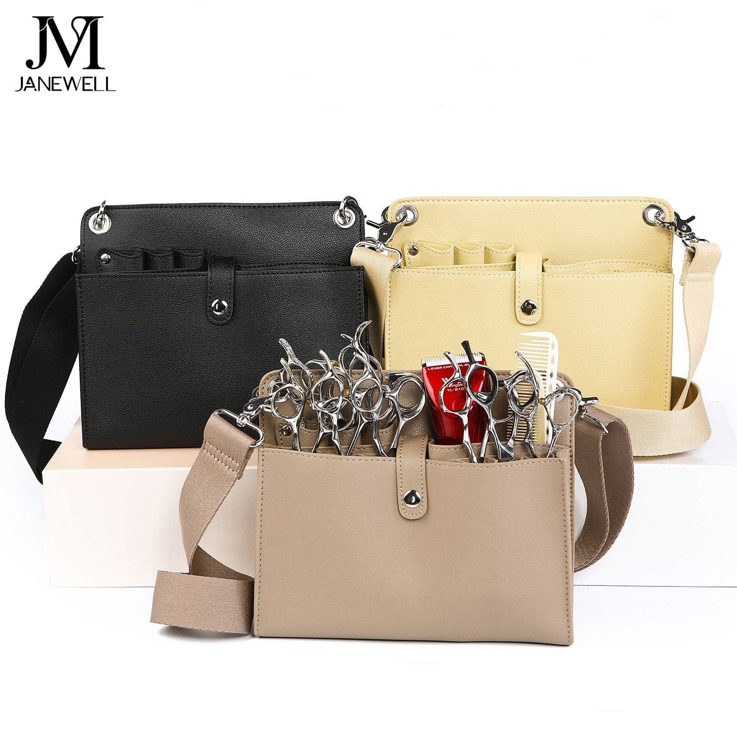 PU leather case holding 9 pieces of pet grooming scissors, with waist belt. Professional quality shears organizer for barbers, hairdressers and salon stylists.