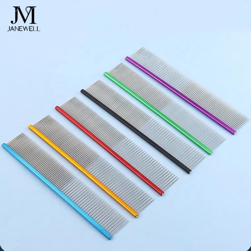 Professional black stainless steel metal dog comb for pet hair grooming, 19cm flat handle dog metle comb for daily coat care and deshedding. - view 1