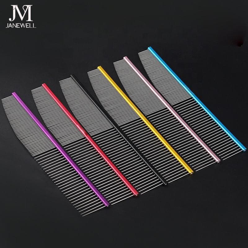 Professional moon shape stainless steel pet comb for dog and cat grooming, 19cm ergonomic dog metle comb for efficient hair detangling and deshedding. - view 1